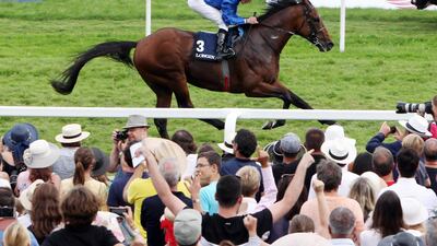 William Buick guides Ghaiyyath to victory in the the Group 1 Longines Grosser Preis von Baden, at Baden-Baden racecourse, on Sunday. Shutterstock
