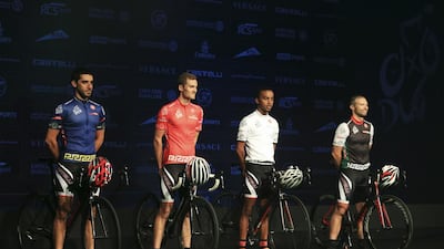 Leader jersey by Aysha Al Busmait, sprinter jersey by Badr Abbas, young yersey by Saeed Hareb and intermediate sprint jersey by Hassan Habib are introduced for the Dubai Tour. Sarah Dea / The National
