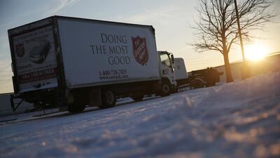A Salvation Army lorry is parked outside a shelter run by the group in Plano, Texas, where residents have been hit hard by a winter storm. Reuters