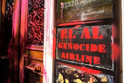 Graffiti at Israeli airline El Al's Paris office on August 7. AP Photo