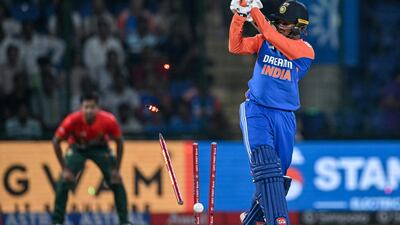 India's Abhishek Sharma is clean bowled by Bangladesh's Tanzim Hasan Sakib. AFP