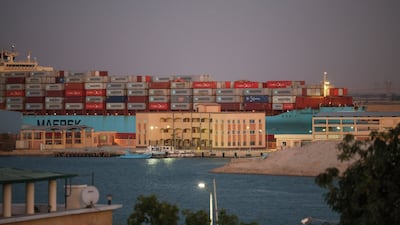 A Maersk container ship sails southbound to exit the Suez Canal in Egypt in December. Bloomberg