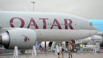 Paris -- June 20, 2011--A Qatar Airways Boeing 777 sits on display on the tarmac at the 2011 Paris Air Show. (Antoine Antoine for The National)