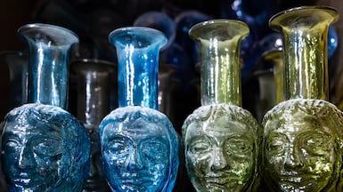 Glass items gather dust in the Alhallak family workshop in Damascus. Photo: Tamara Davison