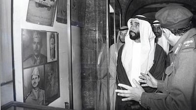 Sheikh Zayed visiting Marib Dam. Sheikh Khalifa called on the nation's people to uphold the noble values instilled in them by Sheikh Zayed - wisdom, respect, determination, loyalty, a sense of belonging to the nation, and a willingness to make sacrifices at whatever cost.