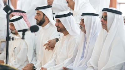 Sheikh Saif bin Zayed, Deputy Prime Minister and Minister of Interior, and Sheikh Nahyan bin Mubarak, Minister of Tolerance, attend funeral prayers for Sheikh Khalid. Wam