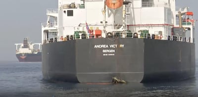 Video footage shows some damage to the Norwegian flagged Andrea Victory. Courtesy Sky News Arabia