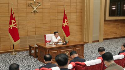 North Korean leader Kim Jong-un addresses a Worker's Party politburo meeting in Pyongyang, during a discussion of the country's Covid-19 situation. Reuters.