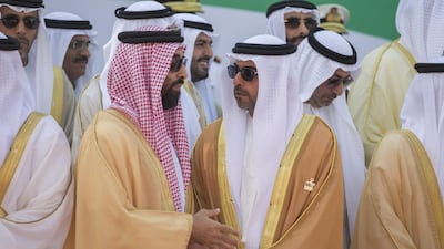 From left to right, Sheikh Tahnoon bin Zayed, Deputy National Security Advisor and Chairman of the Presidential Aviation Authority and Sheikh Hamed bin Zayed, Chairman of Crown Prince Court - Abu Dhabi and Executive Council Member at the Breakwater in Abu Dhabi. Donald Weber / Crown Prince Court - Abu Dhabi