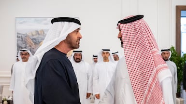 President Sheikh Mohamed receives Sheikh Ammar bin Humaid Al Nuaimi, Crown Prince of Ajman. Mohamed Al Hammadi / UAE Presidential Court