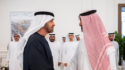 President Sheikh Mohamed receives Sheikh Ammar bin Humaid Al Nuaimi, Crown Prince of Ajman. Mohamed Al Hammadi / UAE Presidential Court