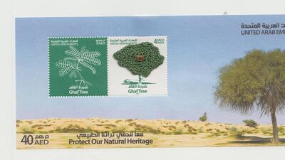 Emirates Post’s Ghaf tree stamp. The stamp, issued in March 2011, celebrates the indigenous Ghaf tree. It contains a real seed of the Ghaf tree inside the stamp.