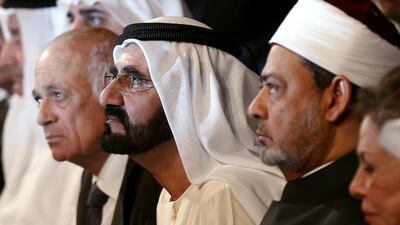 May: Sheikh Mohammed bin Rashid (C), Grand Imam of Al-Azhar Sheikh Ahmed al-Tayeb (R) and Arab League Secretary General Nabil al-Arabi (L) attend the opening session of the annual Arab Media Forum in Dubai. AFP Photo/Karim Sahib