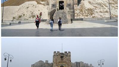 Aleppo’s historic citadel before it was damaged on August 9, 2010, top, and after on December 13, 2016. Sandra Auger (top) / Omar Sanadiki / Reuters