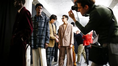 Cashmere suits are seen backstage ahead of the Qasimi Autumn/Winter 2020 show at London Fashion Week Men's. Reuters