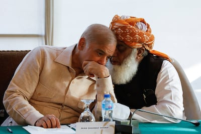 Shehbaz Sharif and Fazal-ur Rehman, president of the Jamiat Ulema-e-Islam-Fazal (JUI-F), seen during a joint press conference in Islamabad on Wednesday. Reuters