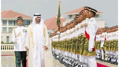An honour guard greets Sheikh Mohammed bin Zayed, Crown Prince of Abu Dhabi and Deputy Supreme Commander of the UAE Armed Forces, at the office of Malaysia’s prime minister.