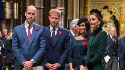 Prince William, Catherine, Prince Harry and Meghan attend a service marking the centenary of the First World War armistice at Westminster Abbey, in November 2018. Getty Images