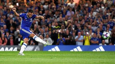 Eden Hazard of Chelsea scores his penalty during the Premier League match between Chelsea and West Ham United at Stamford Bridge on August 15, 2016 in London, England. Michael Regan / Getty Images