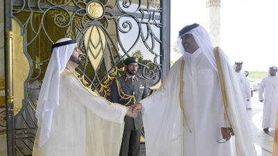 Sheikh Mohammed bin Rashid, the Vice President and Prime Minister of the UAE and the Ruler of Dubai, greets Sheikh Tamim.
