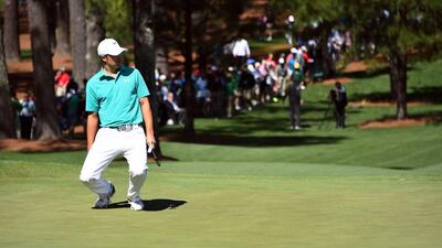US golfer Jordan Spieth watches his putt on the 7th hole during Round 1 of the 80th Masters Golf Tournament at the Augusta National Golf Club on April 7, 2016, in Augusta, Georgia. AFP / Jim Watson