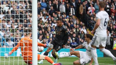 Leeds goalkeeper Illan Meslier makes a save from Gabriel Jesus. Getty