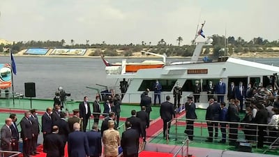 Egypt's President Abdel Fatah El Sisi disembarks in Ismailia city to inspect the Suez Canal Authority.