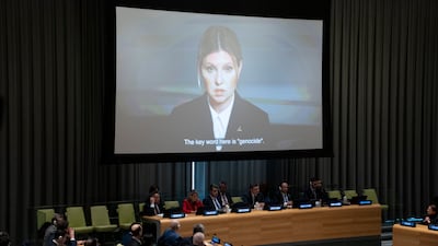 Olena Zelenska, wife of the Ukrainian President, addresses UN diplomats by video on February 22. AP