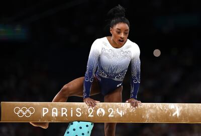 Simone Biles fell off the balance beam at the Bercy Arena. Getty Images