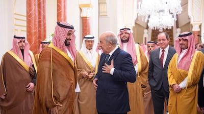 Saudi Arabia's Crown Prince Mohammed bin Salman meets with Algeria's President Abdelmadjid Tebboune in Riyadh. Courtesy of Saudi Royal Court, HO