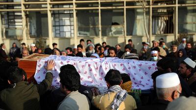 Mourners carry the coffin of Yousuf Rasheed, executive director of the non-government group Free and Fair Election Forum of Afghanistan, during his funeral ceremony in Kabul on December 23, 2020. AP Photo