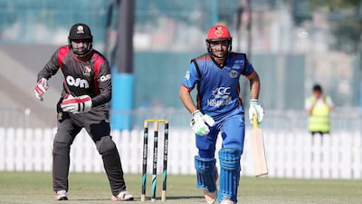 Rahmat Shah of Afghanistan plays a shot during the practice match against UAE at the ICC Academy in Dubai Sports City in Dubai. Afghanistan won the match by 19 runs.Pawan Singh / The National