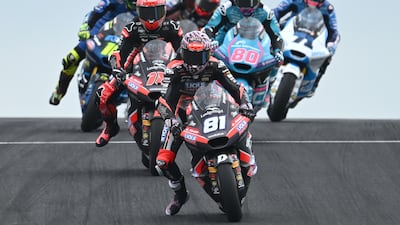 Senna Agius of Australia leads the field during the Moto2 at the Australian Motorcycle Grand Prix at Phillip Island. AP
