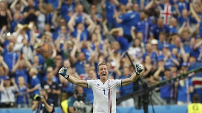 Iceland goalkeeper Hannes Halldorsson celebrates during their Euro 2016 group stage win over Austria. John Sibley / Reuters / June 22, 2016