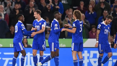 Patson Daka celebrates with teammates after scoring Leicester City's fourth goal. Getty