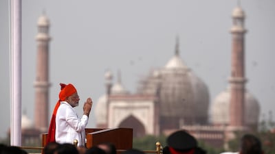 Indian Prime Minister Narendra Modi greets the crowd before addressing the nation during Independence Day celebrations at the historic Red Fort in Delhi, India, on August 15, 2018. Reuters