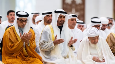 President Sheikh Mohamed attends Eid Al Adha prayers at Sheikh Zayed Grand Mosque, with Sheikh Mansour bin Zayed, Vice President, Deputy Prime Minister and Chairman of the Presidential Court, and Sheikh Abdullah bin Bayyah, Head of the Abu Dhabi Forum for Peace and Chairman of the UAE Council for Fatwa. All photos: UAE Presidential Court