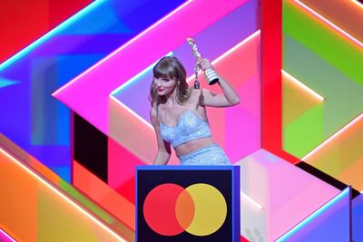 Taylor Swift accepts the Global Icon award at the Brit Awards 2021. AP