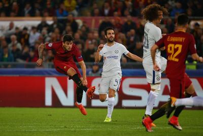 Diego Perotti scores Roma's third goal to complete the rout. Alessandro Bianchi / Reuters