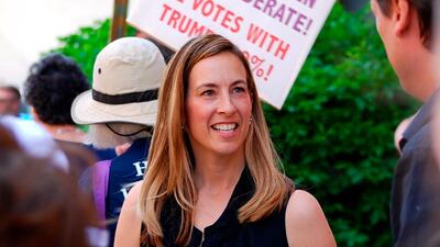 Mikie Sherrill joins protesters with NJ 11th for Change outside of US Rep. AP