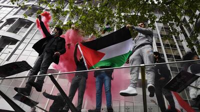 A show of support for Palestinians in London, as protesters gather outside the Israeli Embassy. Getty Images
