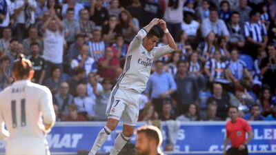 Cristiano Ronaldo in trademark celebration after scoring against Alaves. Vincent West / Reuters