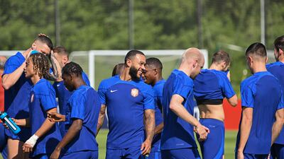 Netherlands forward Memphis Depay, centre, during training. AFP