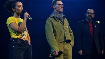 Ruth Negga, left, Benedict Cumberbatch, centre, and Amer Hlehel speak on stage at the event. Getty Images