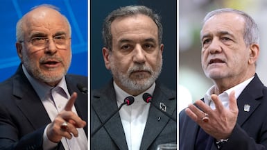 From left, Mohammad Bagher Qalibaf, Abbas Araghchi and Masoud Pezeshkian. Getty Images / AFP