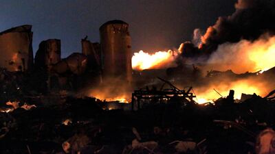 The remains of a fertiliser plant burn after an explosion at the plant. Mike Stone / Reuters
