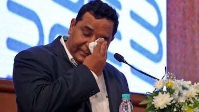 Paytm founder and CEO Vijay Shekhar Sharma breaks down while delivering a speech during his company's IPO listing ceremony at the Bombay Stock Exchange (BSE) in Mumbai, India, November 18, 2021. Reuters