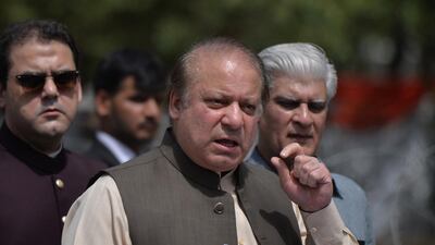 Pakistan's prime minister Nawaz Sharif speaks to media after appearing before an anti-corruption commission at the Federal Judicial Academy in Islamabad this month. Aamir Qureshi / AFP