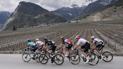 Left to right, Manuele Boaro, Alexis Gougeard, Thymen Arensman, Filippo Conca, Joel Suter and Robert Power during the Stage 1 of the Tour de Romandie, a 168 km race between Aigle and Martigny, in Chamoson, Switzerland, on Wednesday, April 28. EPA