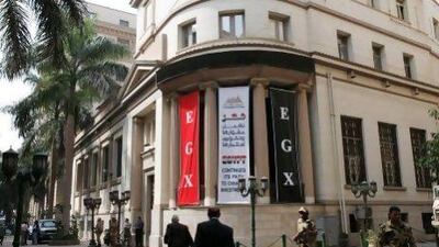 Soldiers guard the entrance to the Egyptian stock exchange in Cairo. Shawn Baldwin / Bloomberg